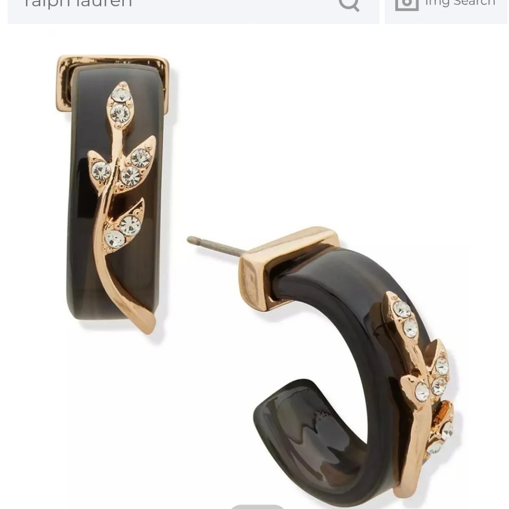 lonna & lilly Black and Gold Rhinestone Leaf Pierced Hoop Earrings